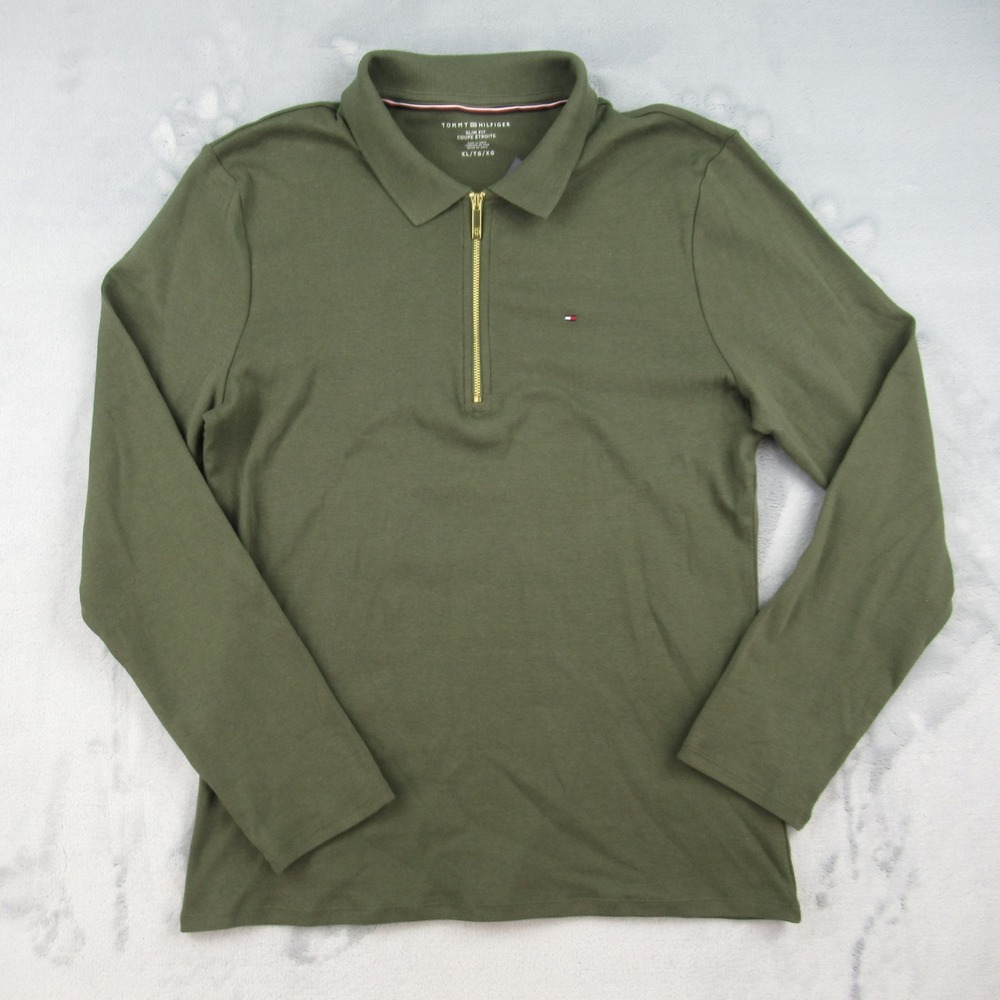 Tommy Hilfiger Quarter Zip Polo Womens XL Green Slim Fit Long Sleeve 76J3175